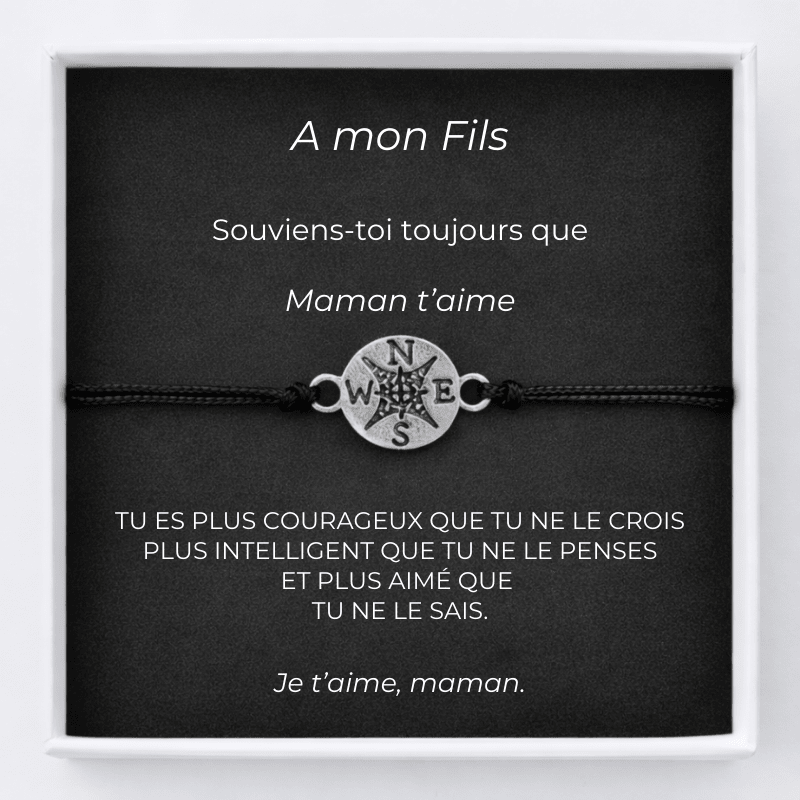 Bracelet pour mon fils : cordon ajustable et médaillon rose des vents, carte - Les Bijoux de Marilou