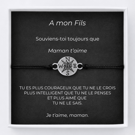 Bracelet pour mon fils : cordon ajustable et médaillon rose des vents, carte « A mon Fils, Maman t'aime » présentée en écrin
