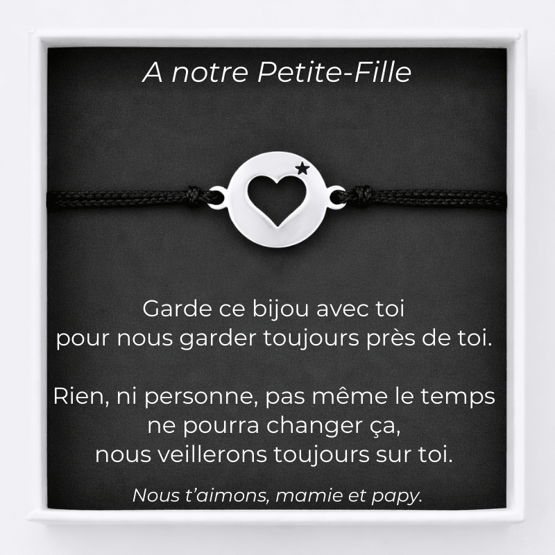 Bracelet cœur étoilé ajustable sur sa carte message A notre Petite-Fille signée Mamie et Papy