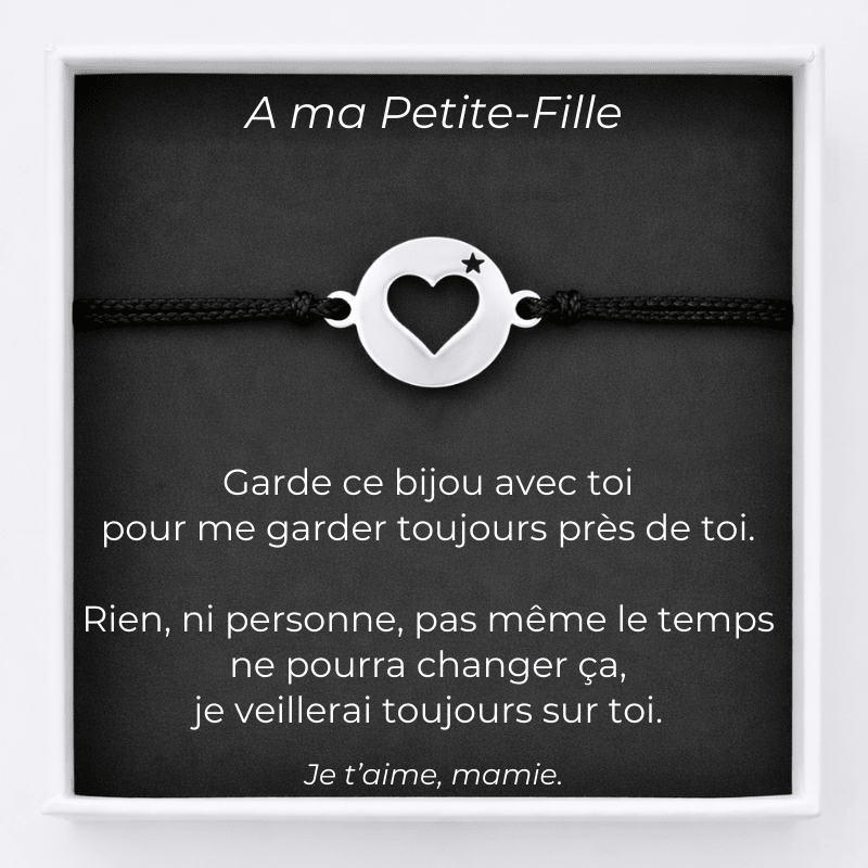 Bracelet cœur étoilé ajustable sur sa carte message A ma Petite-Fille signée Mamie