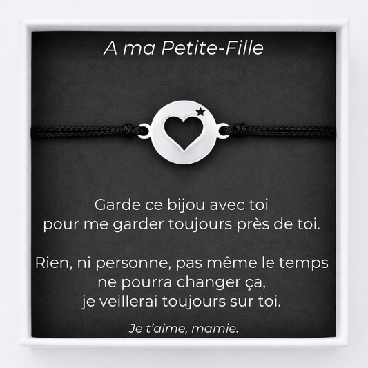 Bracelet cœur étoilé ajustable sur sa carte message A ma Petite-Fille signée Mamie