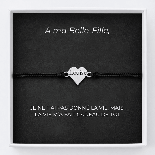 Bracelet cœur belle-fille noir ajustable gravé prénom avec carte message A ma Belle-Fille livré en écrin