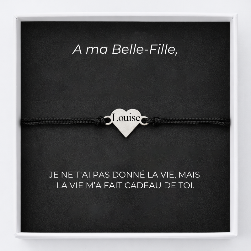 Bracelet cœur belle-fille noir ajustable gravé prénom avec carte message A ma Belle-Fille livré en écrin