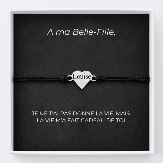 Bracelet cœur belle-fille noir ajustable gravé prénom avec carte message A ma Belle-Fille livré en écrin