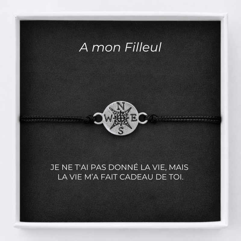 Bracelet filleul ajustable médaillon rose des vents sur carte A mon Filleul en écrin - Les Bijoux de Marilou