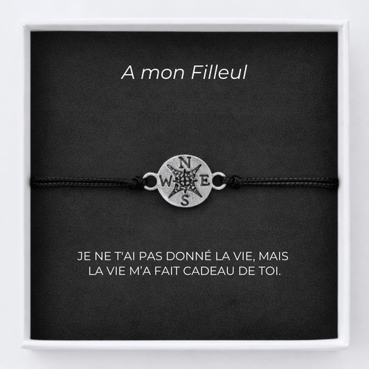 Bracelet filleul ajustable médaillon rose des vents sur carte A mon Filleul en écrin Les Bijoux de Marilou