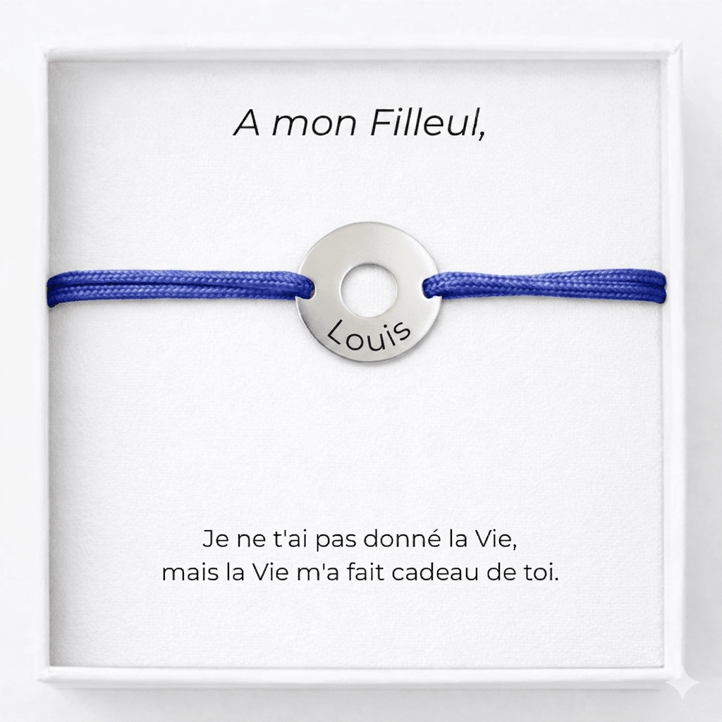 Bracelet filleul personnalisé gravé, médaille ronde sur cordon bleu ajustable avec carte À mon - Les Bijoux de Marilou