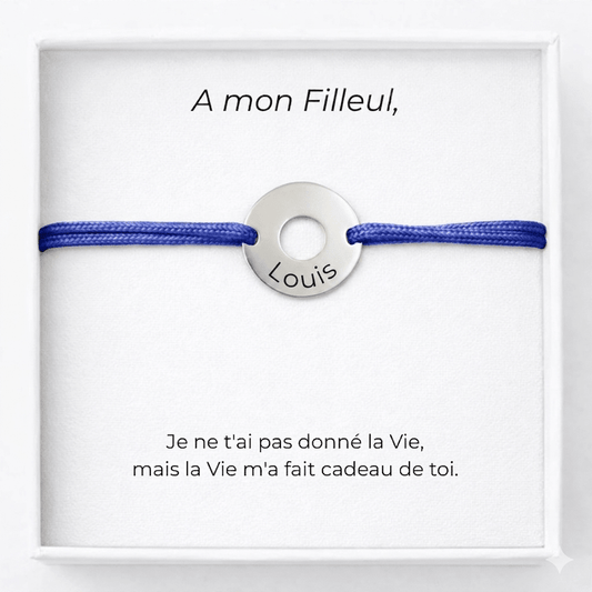Bracelet filleul personnalisé gravé, médaille ronde sur cordon bleu ajustable avec carte À mon Filleul