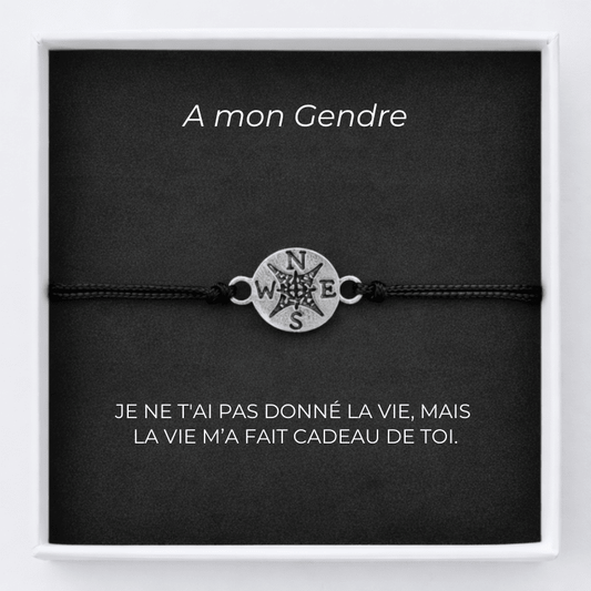 Bracelet gendre cordon ajustable avec médaille rose des vents en acier et carte gravée « A mon Gendre »