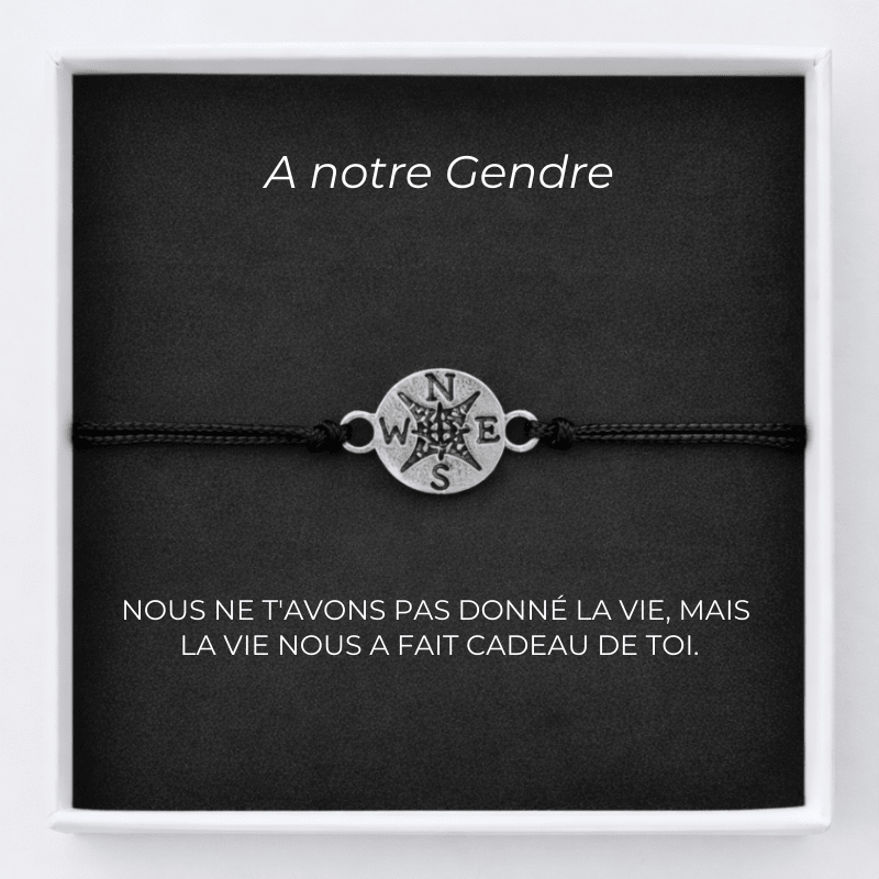 Bracelet gendre avec carte gravée « A notre Gendre » et médaille rose des vents en acier