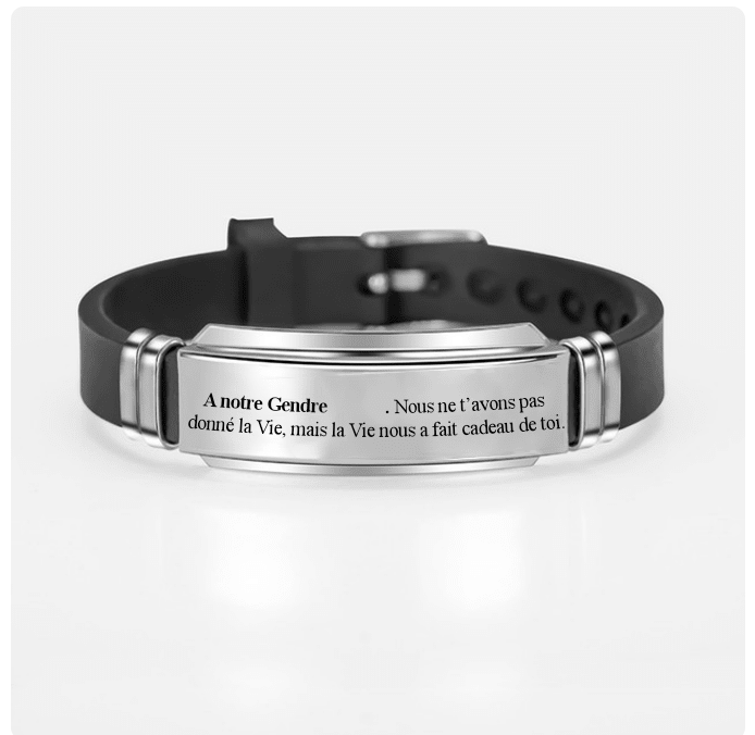 Bracelet gendre personnalisé, plaque acier gravée A notre Gendre avec un emplacement libre prévu pour le prénom