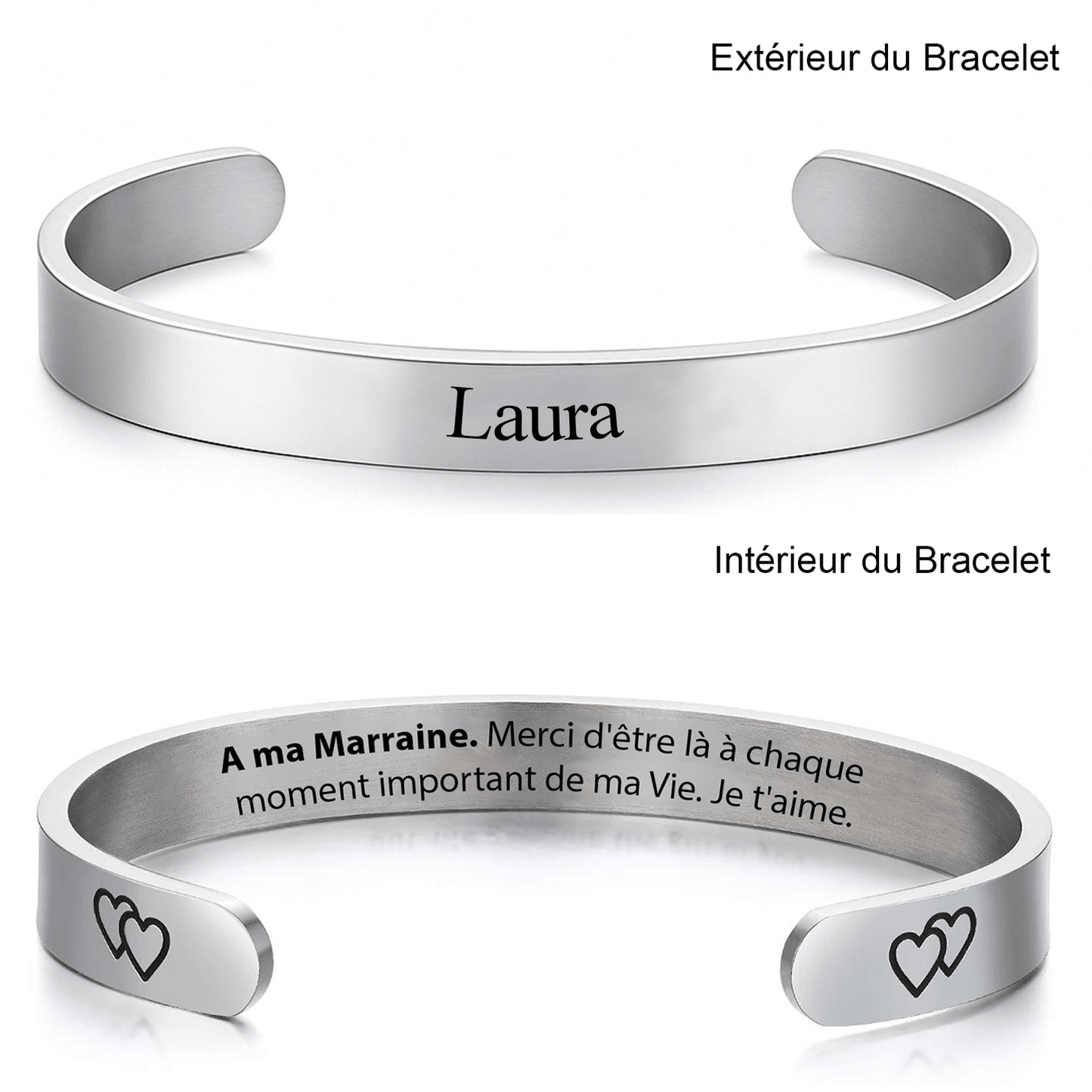Bracelet marraine jonc gravé extérieur prénom et intérieur A ma Marraine