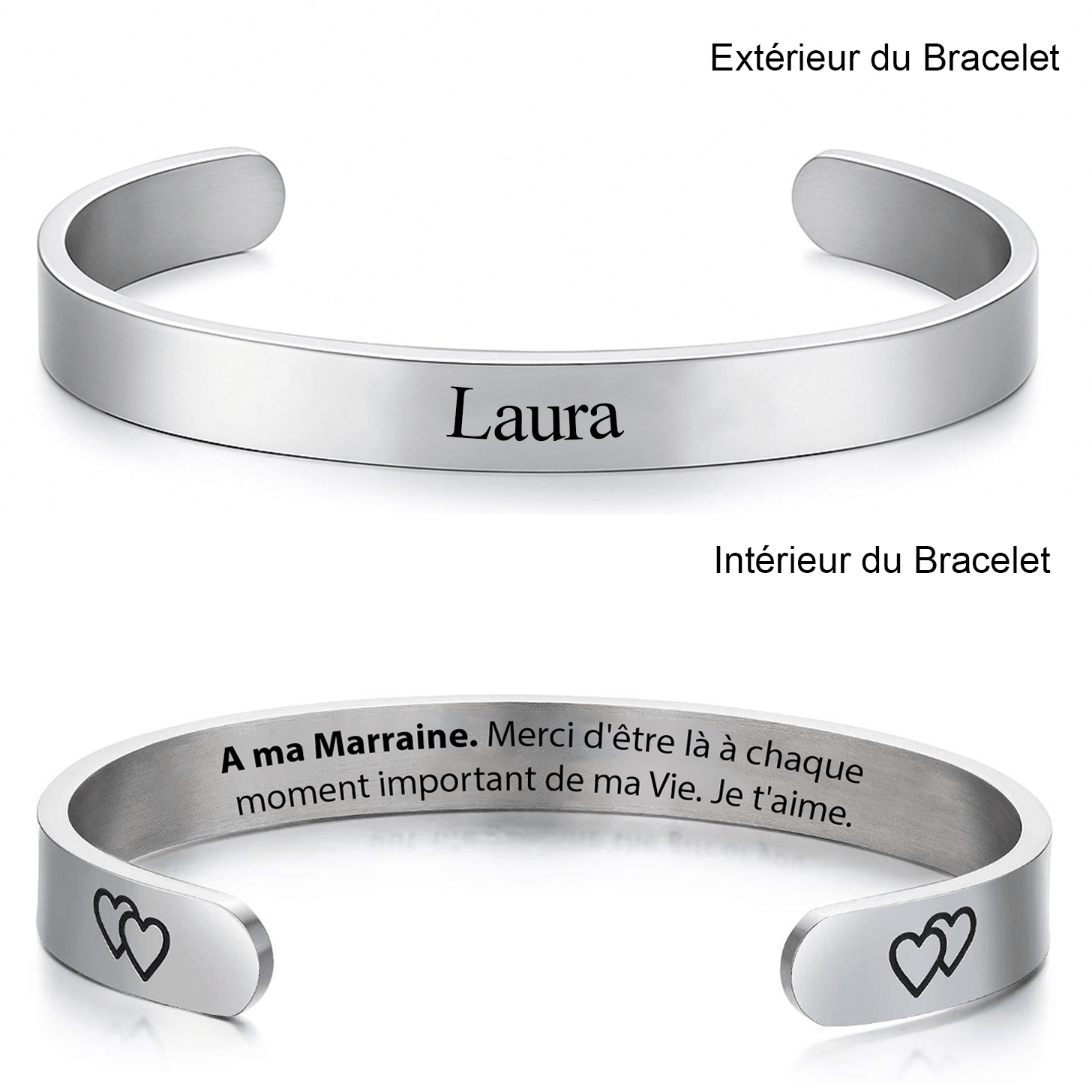 Bracelet marraine jonc gravé extérieur prénom et intérieur A ma Marraine