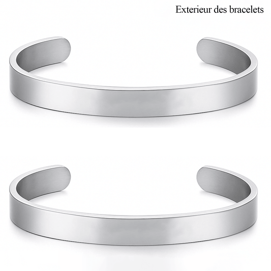 Bracelet inséparable mère fille, extérieur lisse des deux joncs en acier avant gravure
