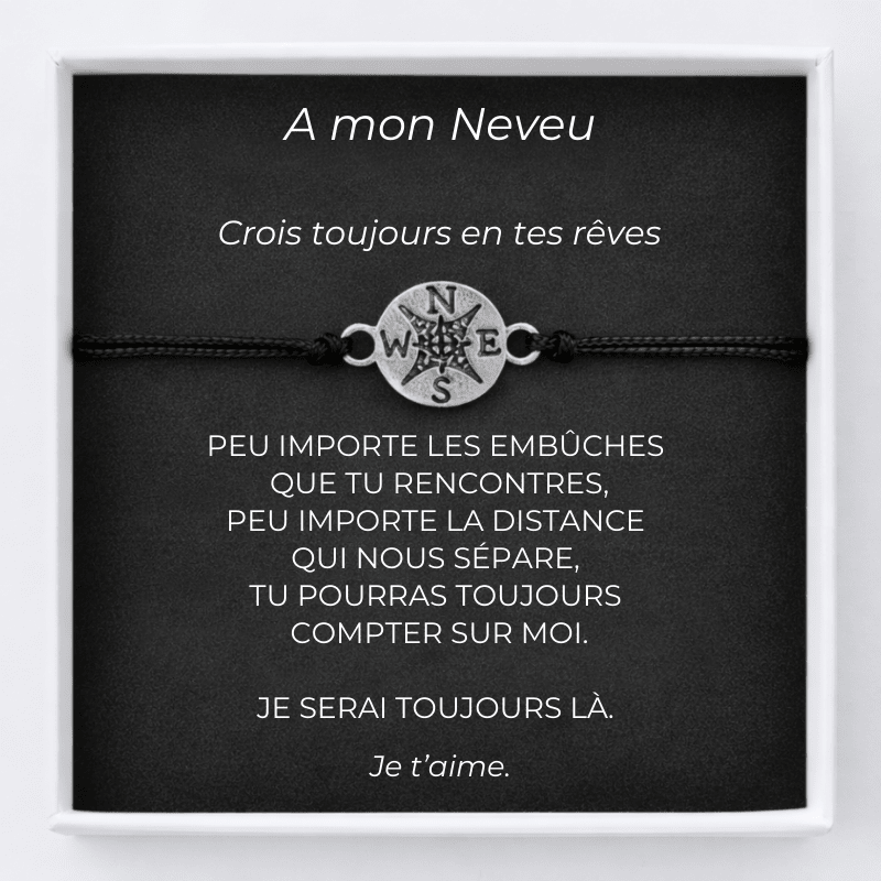 Bracelet neveu cordon ajustable avec médaille rose des vents en acier et carte gravée « A mon Neveu »