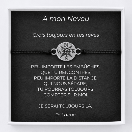 Bracelet neveu cordon ajustable avec médaille rose des vents en acier et carte gravée « A mon Neveu »