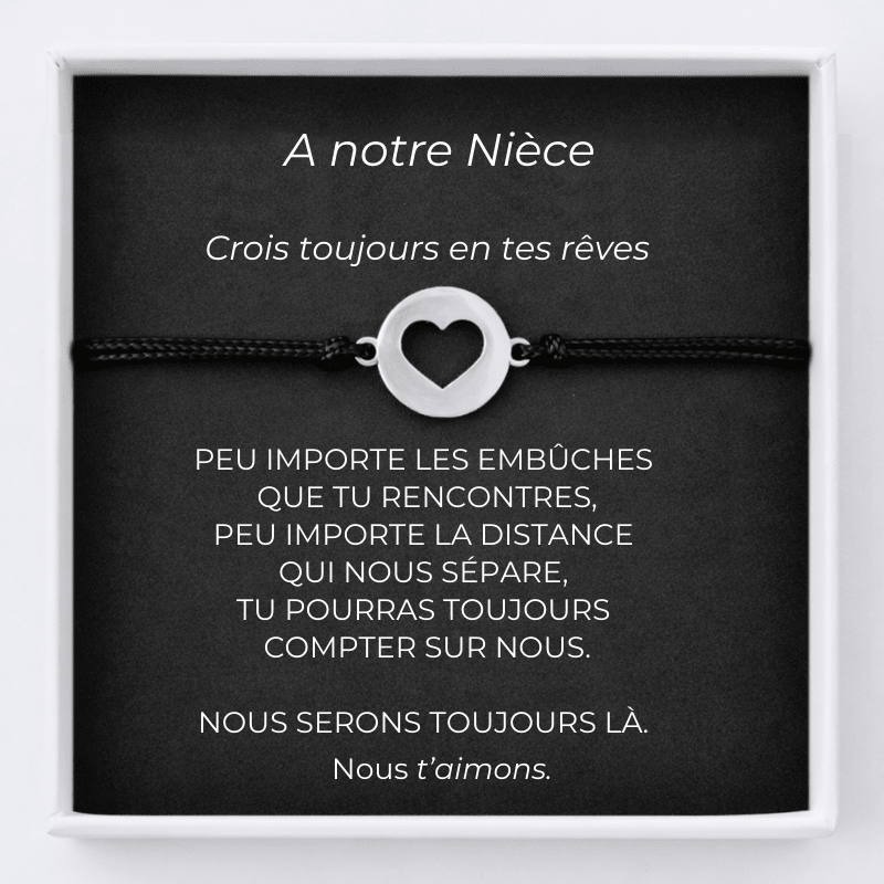 Bracelet Nièce Ajustable Coeur Ouvert + la Carte Nièce Personnalisée - Les Bijoux de Marilou