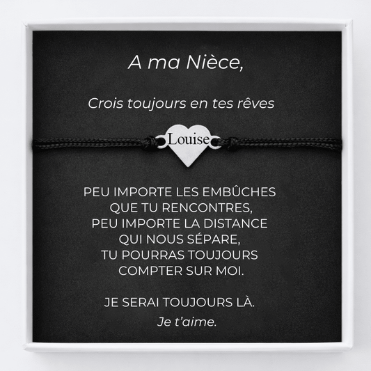 Bracelet nièce cordon noir avec cœur acier gravé Louise, sur carte A ma Nièce dans son coffret