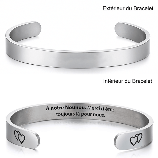 Bracelet jonc nounou en acier, version À notre Nounou merci d'être toujours là pour nous avec double cœur