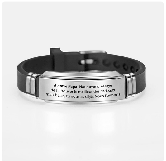 Bracelet papa personnalisé, plaque acier gravée sur bracelet ajustable noir, variante de gravure