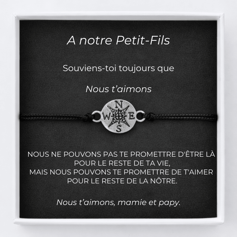Bracelet petit-fils boussole avec carte message Mamie et Papy personnalisée - Les Bijoux de Marilou