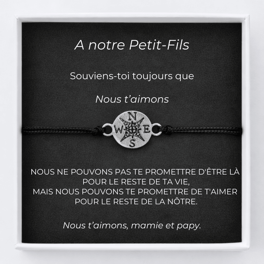 Bracelet petit-fils boussole avec carte message Mamie et Papy personnalisée