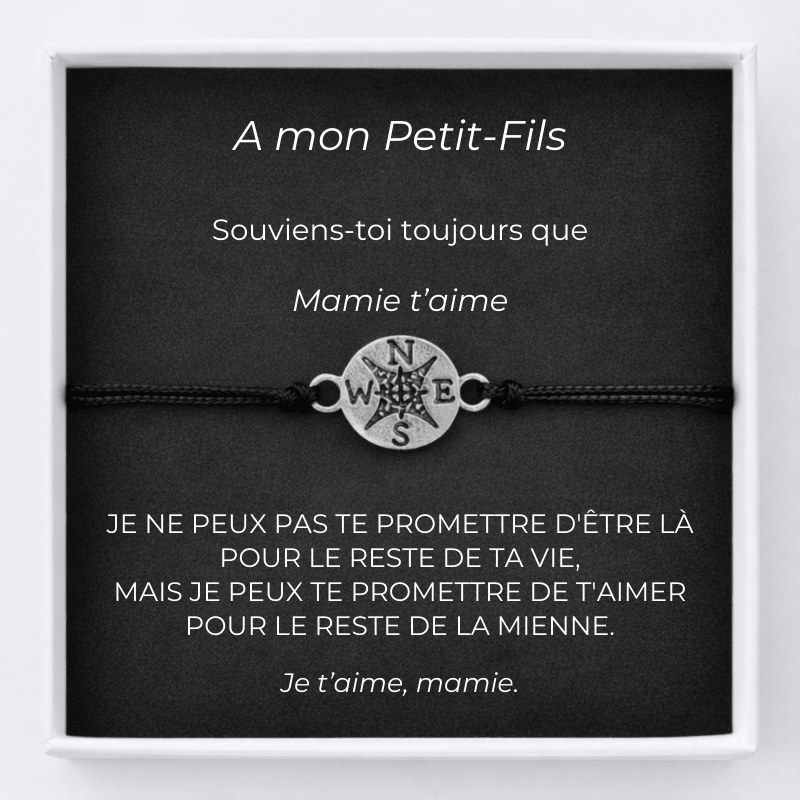 Bracelet petit-fils boussole avec carte message Mamie personnalisée - Les Bijoux de Marilou