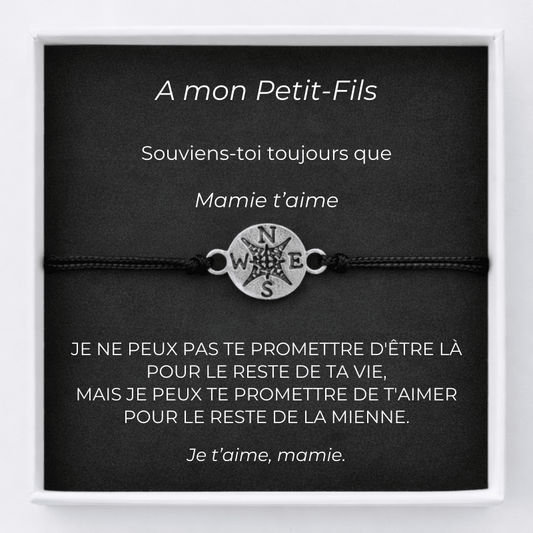 Bracelet petit-fils boussole avec carte message Mamie personnalisée