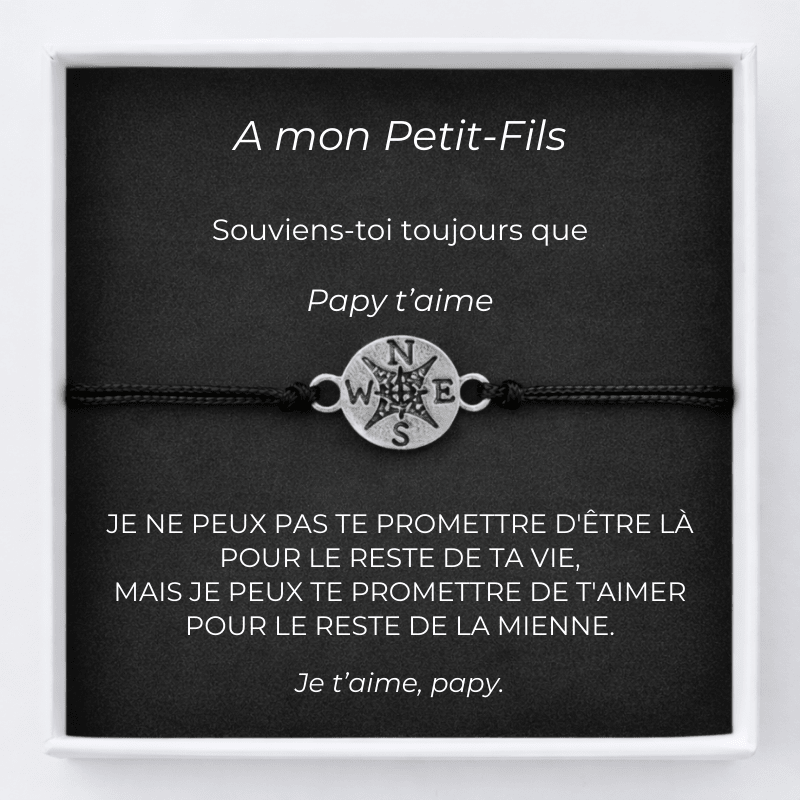 Bracelet petit-fils boussole avec carte message Papy personnalisée - Les Bijoux de Marilou