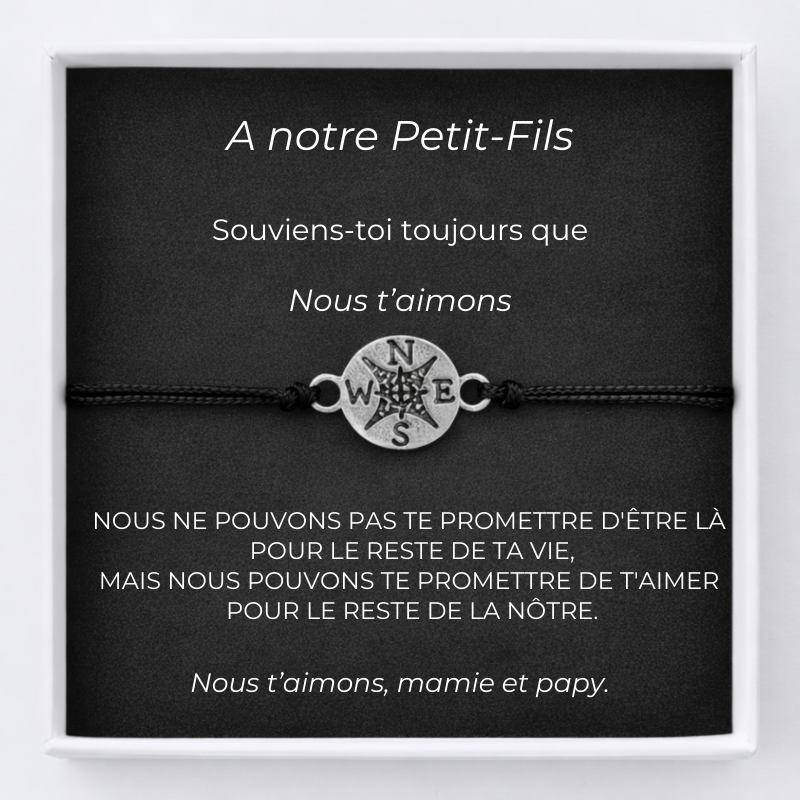 Bracelet petit-fils boussole avec carte message Mamie et Papy personnalisée