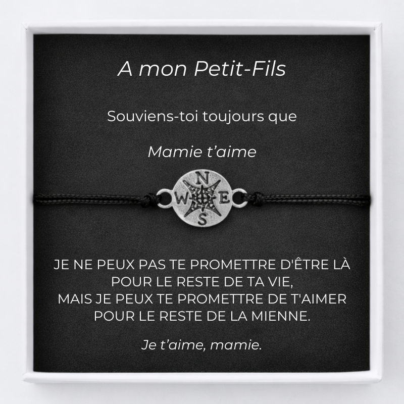 Bracelet petit-fils boussole avec carte message Mamie personnalisée