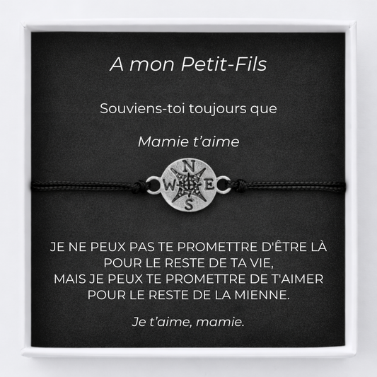 Bracelet petit-fils boussole avec carte message Mamie personnalisée