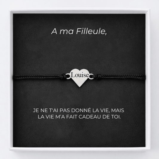 Bracelet filleule cordon noir avec cœur acier gravé Louise, sur carte A ma Filleule dans son coffret