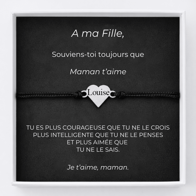 Bracelet cordon noir ajustable avec cœur gravé au prénom, présenté sur sa carte message A ma Fille - Les Bijoux de Marilou