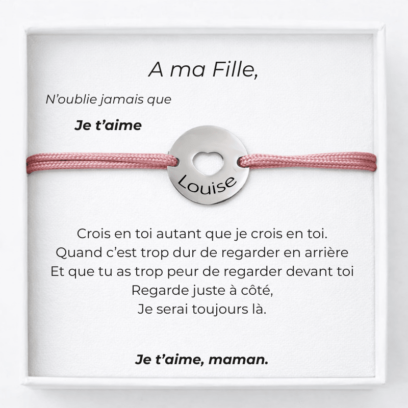 Bracelet cordon rose avec rondelle en acier ajourée d'un cœur gravé au prénom - Les Bijoux de Marilou