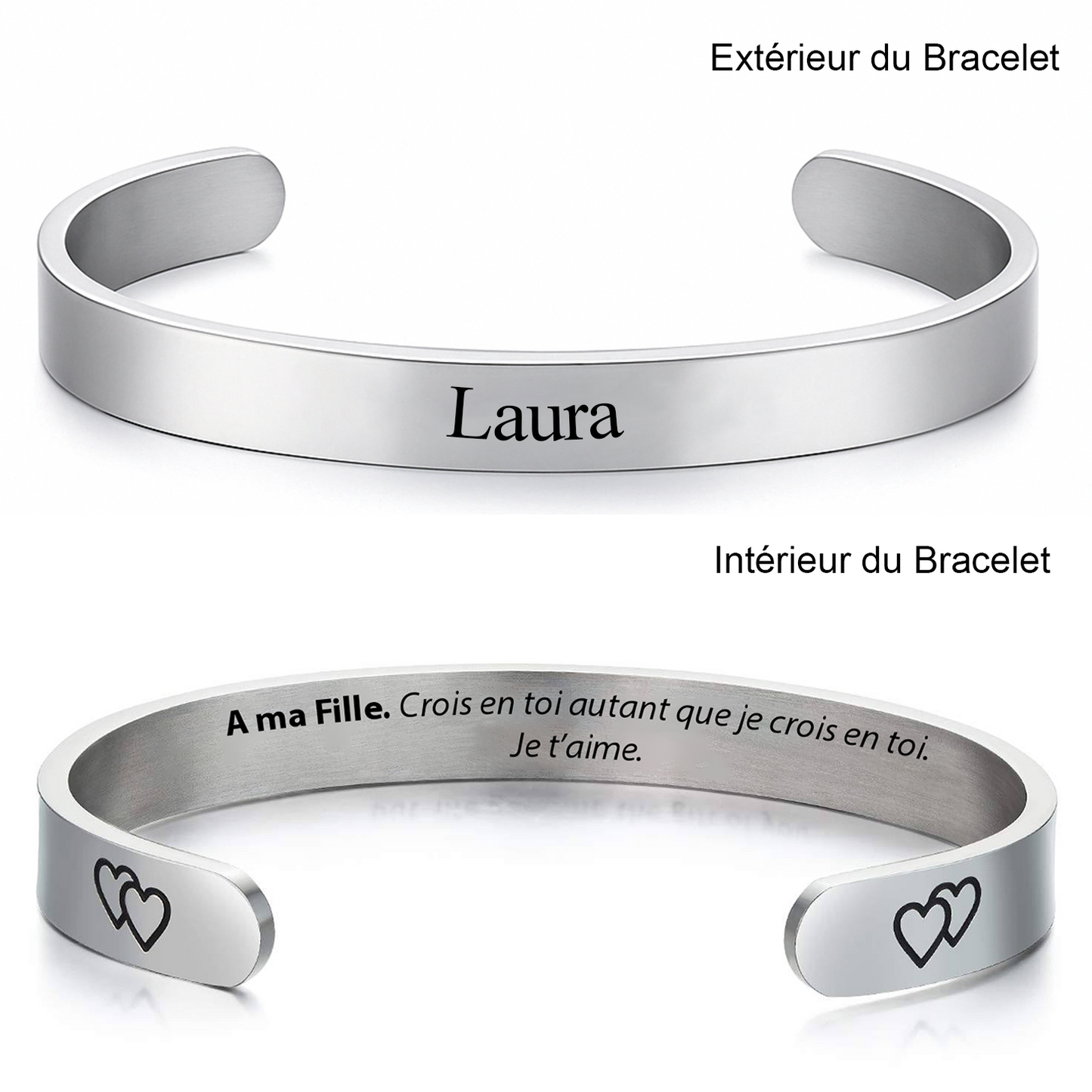 Bracelet pour ma fille jonc gravé extérieur prénom et intérieur A ma Fille