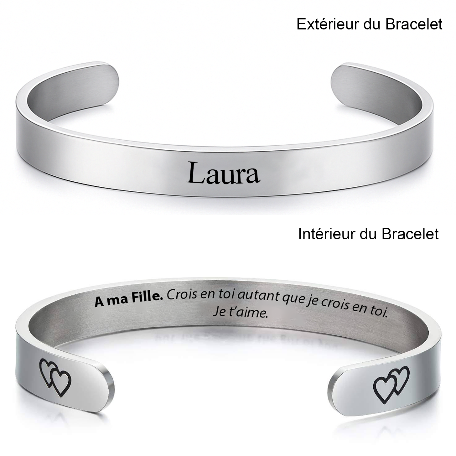 Bracelet pour ma fille jonc gravé extérieur prénom et intérieur A ma Fille