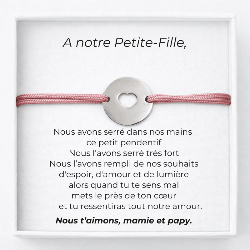 Bracelet pour ma petite-fille cordon rose avec carte message Mamie et Papy - Les Bijoux de Marilou