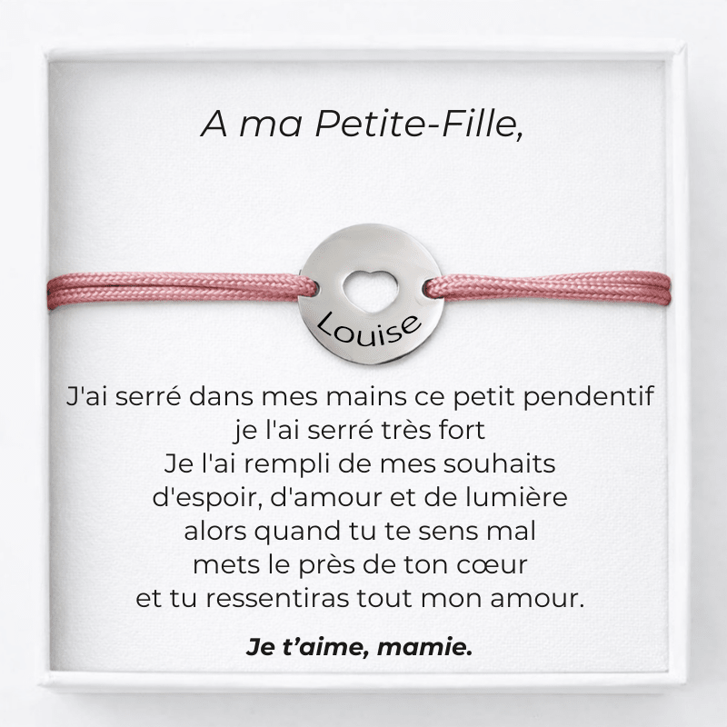 Bracelet pour ma petite-fille cordon rose pendentif cœur gravé prénom avec carte message Mamie - Les Bijoux de Marilou
