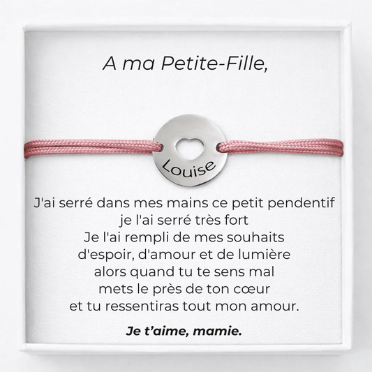 Bracelet pour ma petite-fille cordon rose pendentif cœur gravé prénom avec carte message Mamie