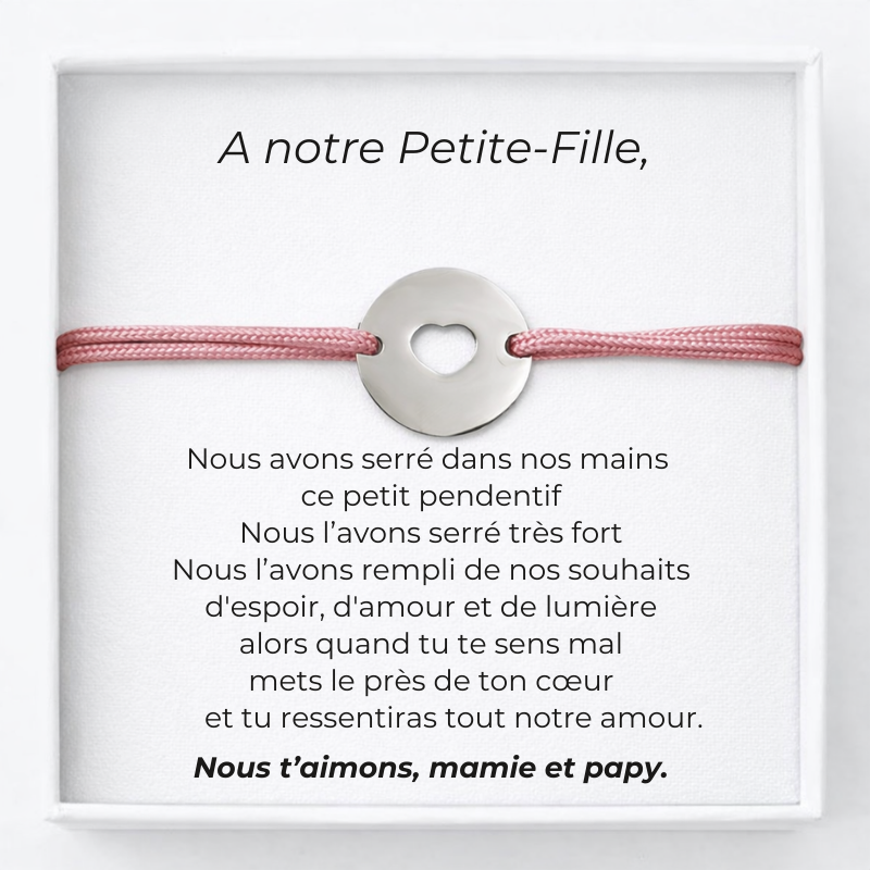 Bracelet pour ma petite-fille cordon rose avec carte message Mamie et Papy