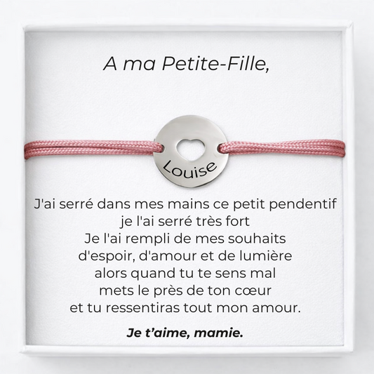 Bracelet pour ma petite-fille cordon rose pendentif cœur gravé prénom avec carte message Mamie