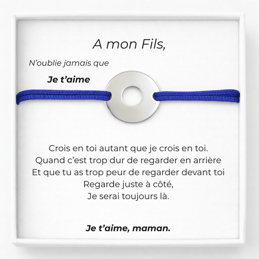 Bracelet cordon bleu ajustable pour mon fils avec carte message Maman