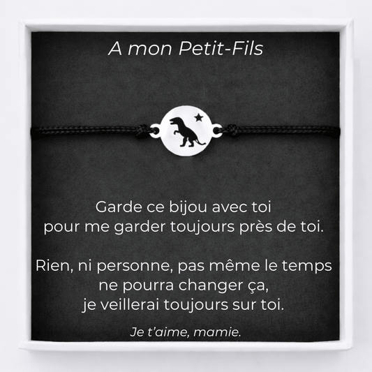 Bracelet petit fils cordon noir ajustable médaillon dinosaure étoile carte À mon Petit-Fils de Mamie