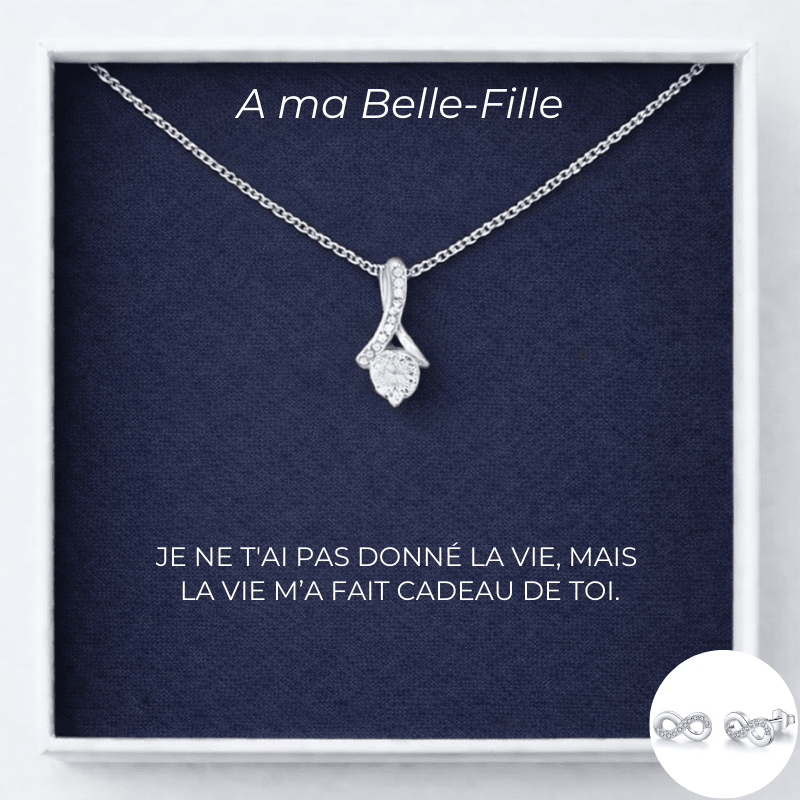 Parure A ma Belle-Fille : collier pendentif ruban et boucles d'oreilles infini assorties sur carte personnalisée