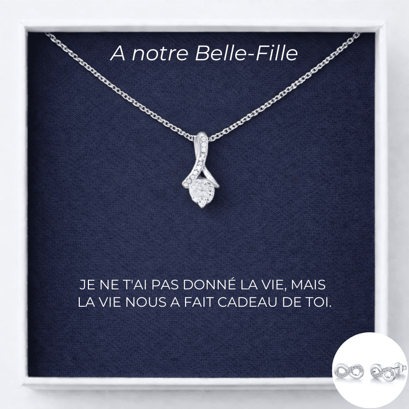 Parure A Notre Belle-Fille : collier pendentif ruban et boucles d'oreilles infini assorties sur carte message
