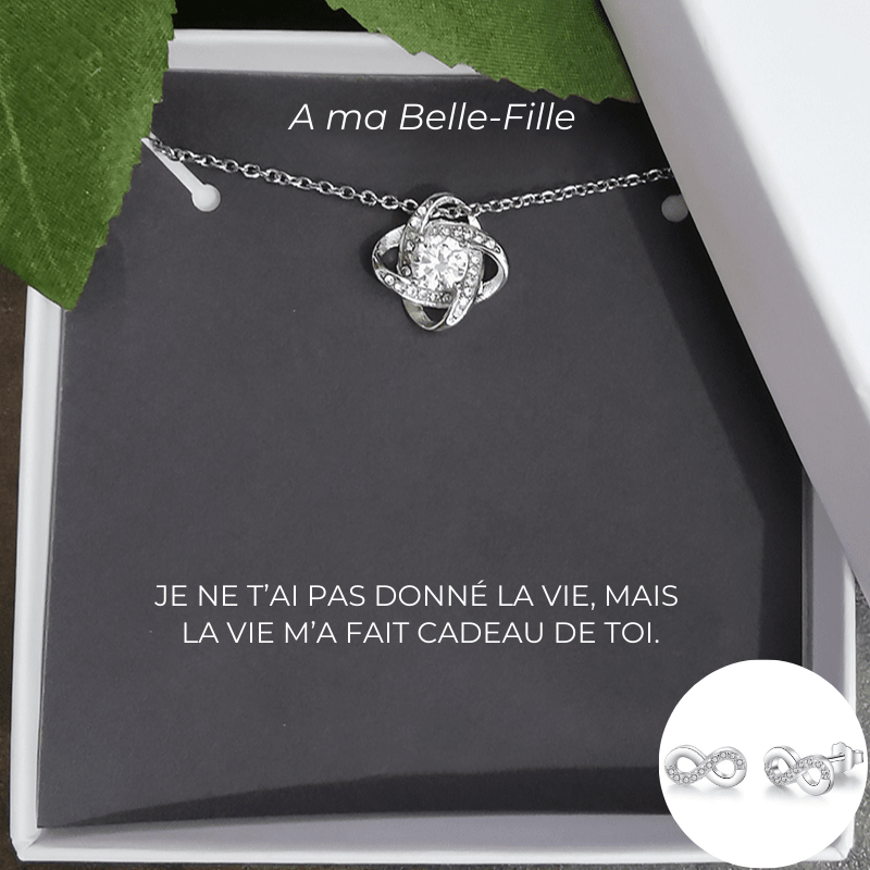 Parure belle-fille : collier nœud trèfle et boucles d'oreilles infinies assorties, carte A ma Belle-Fille