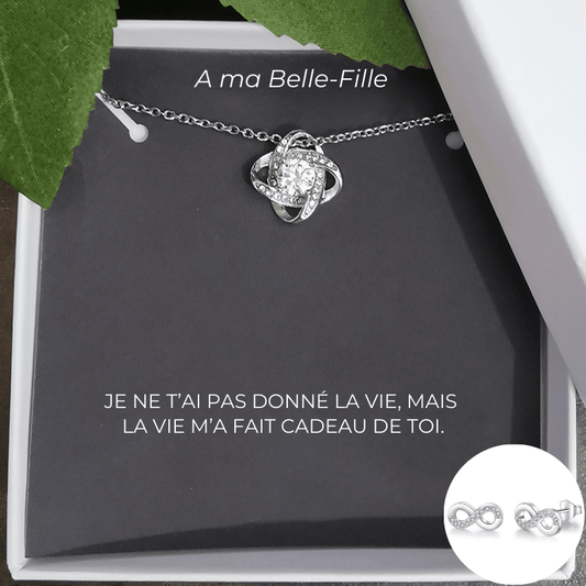 Parure belle-fille : collier nœud trèfle et boucles d'oreilles infinies assorties, carte A ma Belle-Fille