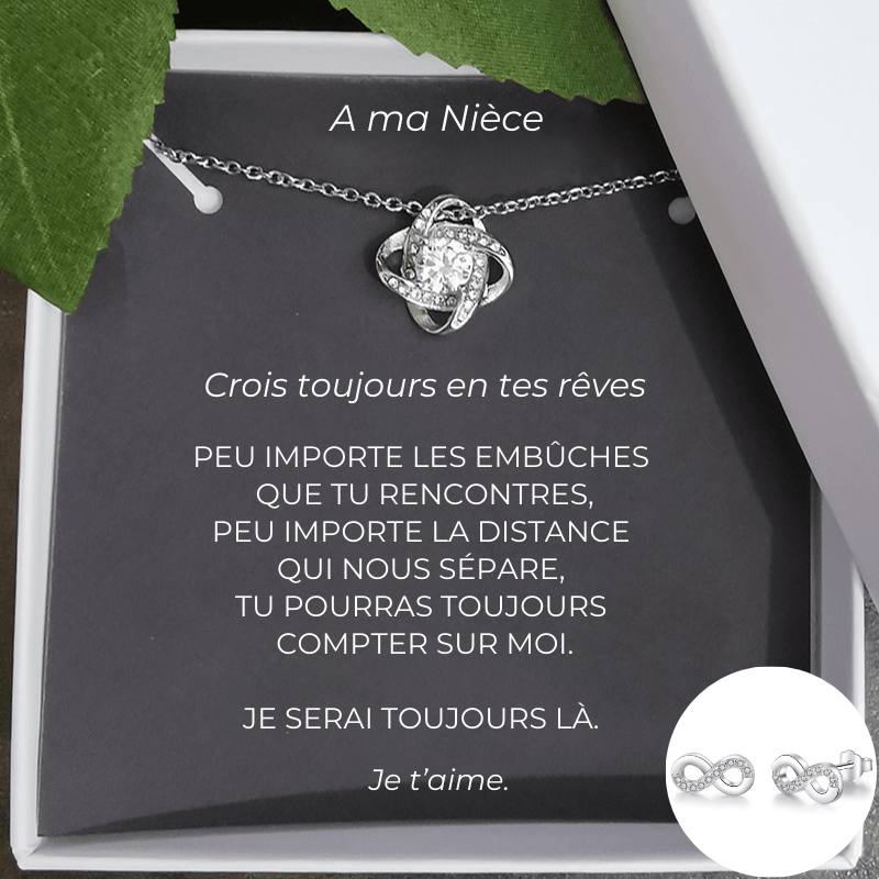 Collier trèfle nièce avec parure boucles d'oreilles infinies, carte A ma Nièce