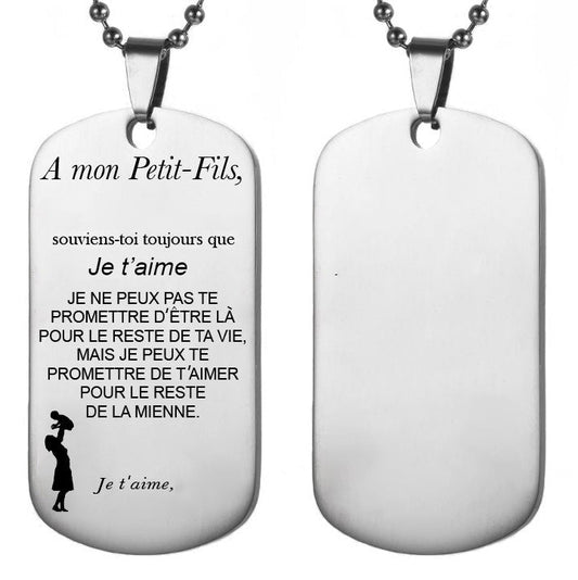 Collier plaque militaire gravé « A mon Petit-Fils » avec silhouette de grand-mère et enfant